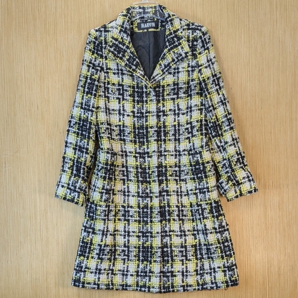 Marvin Richards Women Mod Retro Yellow Plaid Wool Blend Tweed Longline Coat‎ L